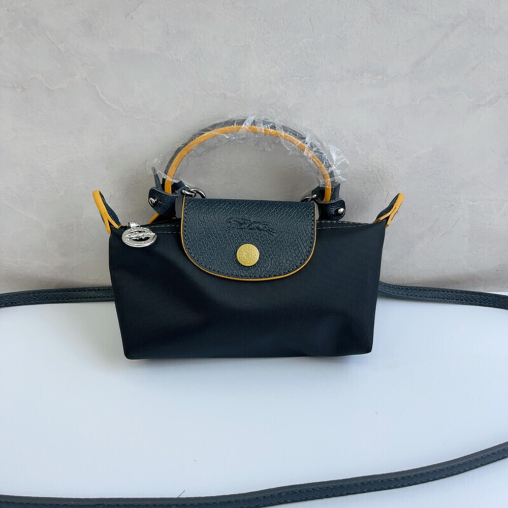 Longchamp Le Pliage Mini Black Yellow Trim Top Handle Crossbody Bag NWT